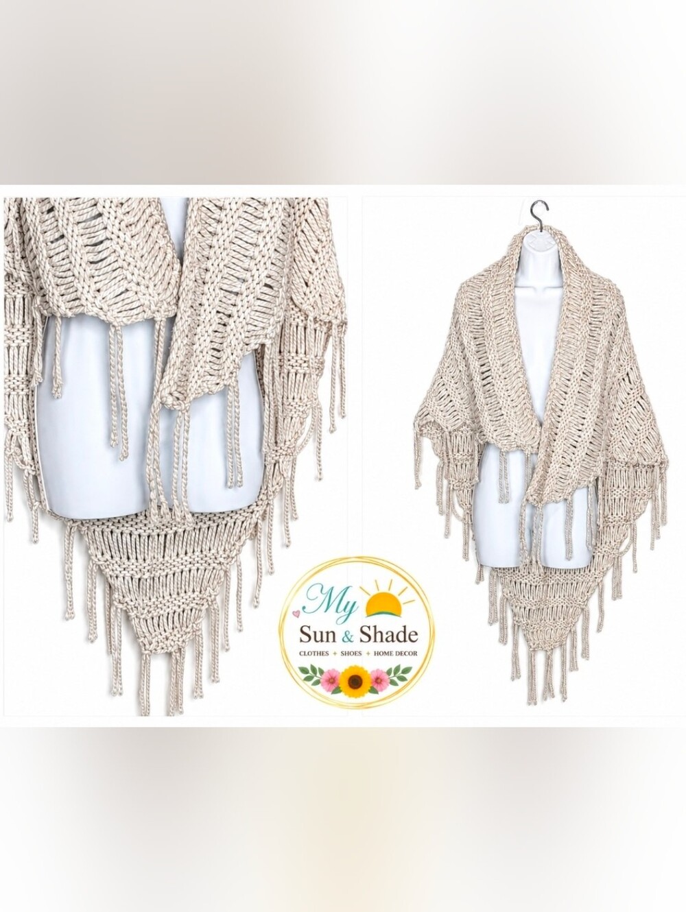 KNIT Ivory Fringe Bohemian Wrap Small Shawl